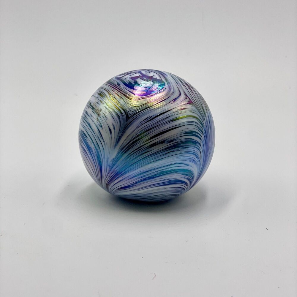 Vintage Art Glass Paperweight Iridescent Swirl – Chip & Repair – Purple Blue